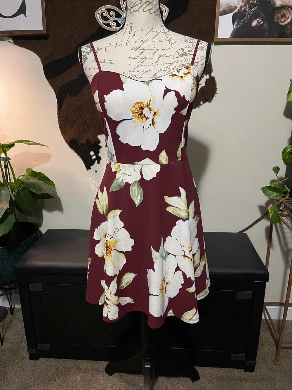 Papaya Burgundy Floral Spaghetti-Strap Mini Dress